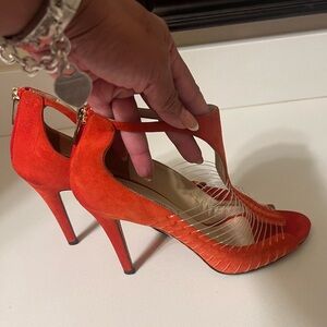 Authentic Jimmy Choo T Strap Vibrant Orange Heels. Size 39. Very Comfortable